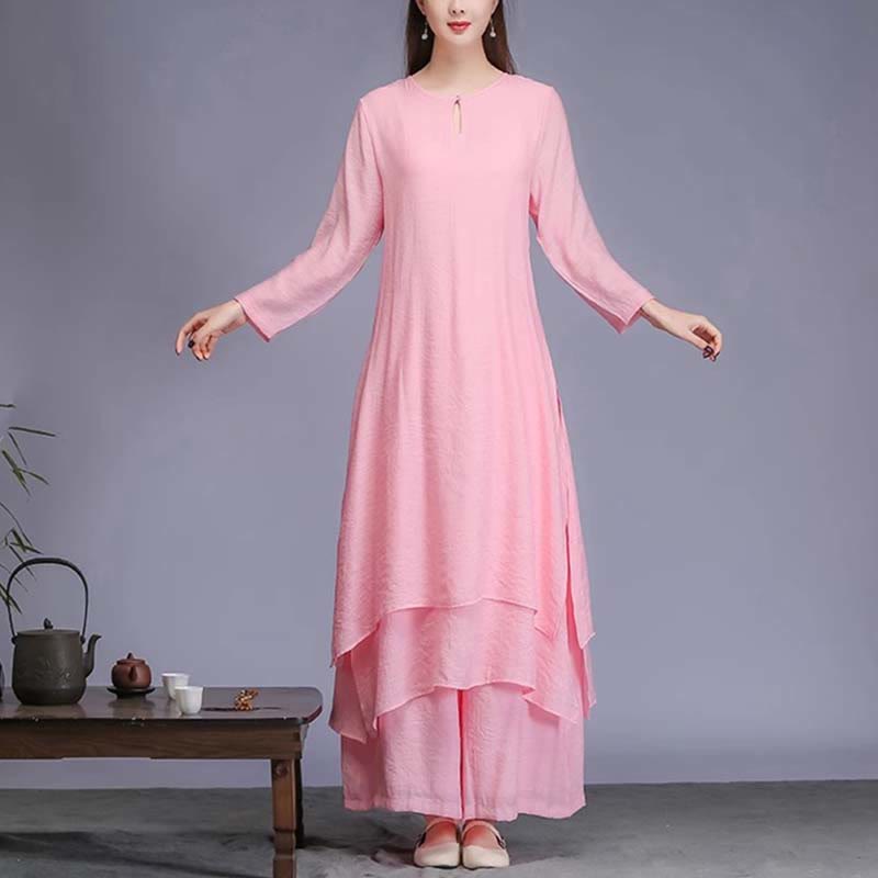 Buddha Stones 2Pcs Solid Color Midi Dress Wide Leg Pants Meditation Spiritual Zen Practice Yoga Dance Clothing - 2Pcs Pink(Dress&Pants) - US12,UK/AU16,EU44 (2XL)  - image 12