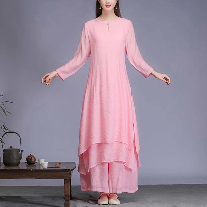 Buddha Stones 2Pcs Solid Color Midi Dress Wide Leg Pants Meditation Spiritual Zen Practice Yoga Dance Clothing - 2Pcs Pink(Dress&Pants) - US12,UK/AU16,EU44 (2XL)  - image 12