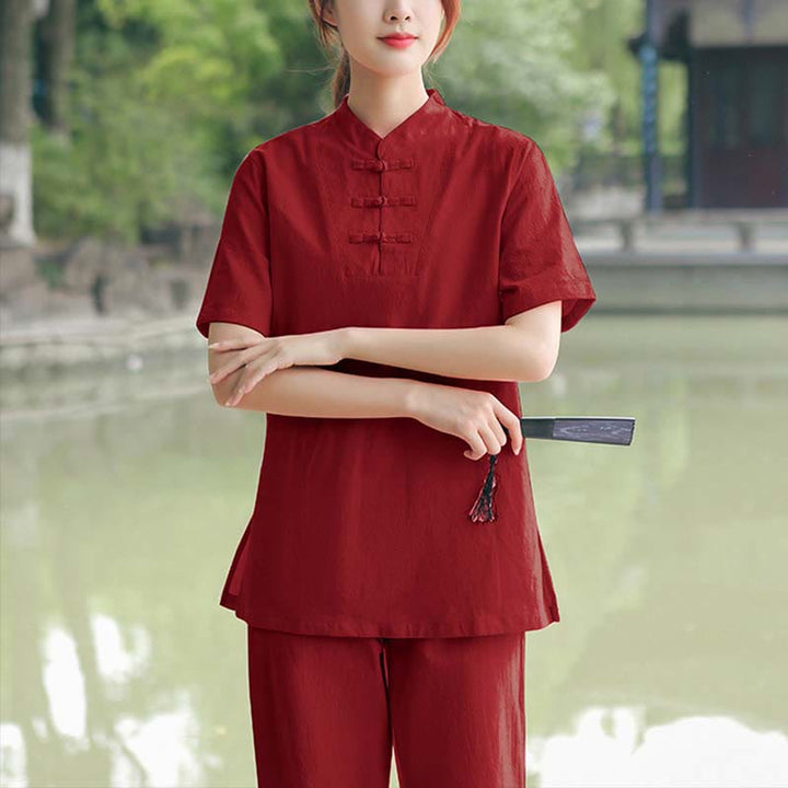 Buddha Stones 2Pcs Women's Short Sleeve Shirt Top T-Shirt Pants Meditation Zen Tai Chi Cotton Linen Clothing Set - Burgundy(Top&Pants) - US18,UK/AU22,EU50 (6XL) - image 8