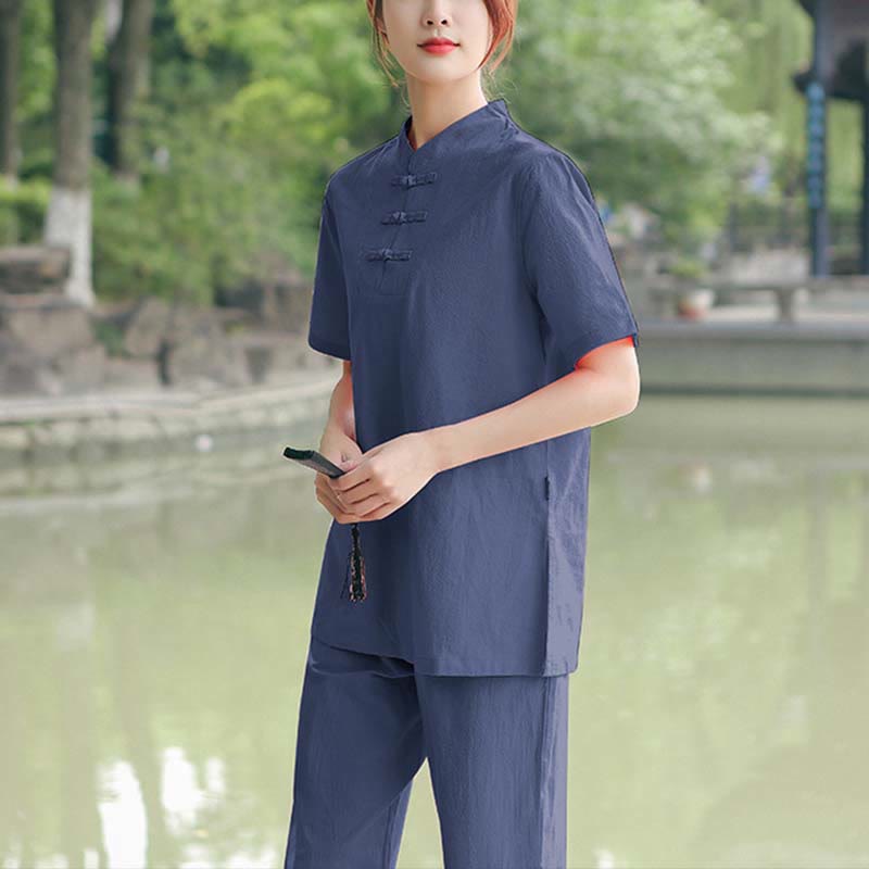 Buddha Stones 2Pcs Women's Short Sleeve Shirt Top T-Shirt Pants Meditation Zen Tai Chi Cotton Linen Clothing Set - Dark Blue(Top&Pants) - US18,UK/AU22,EU50 (6XL) - image 10