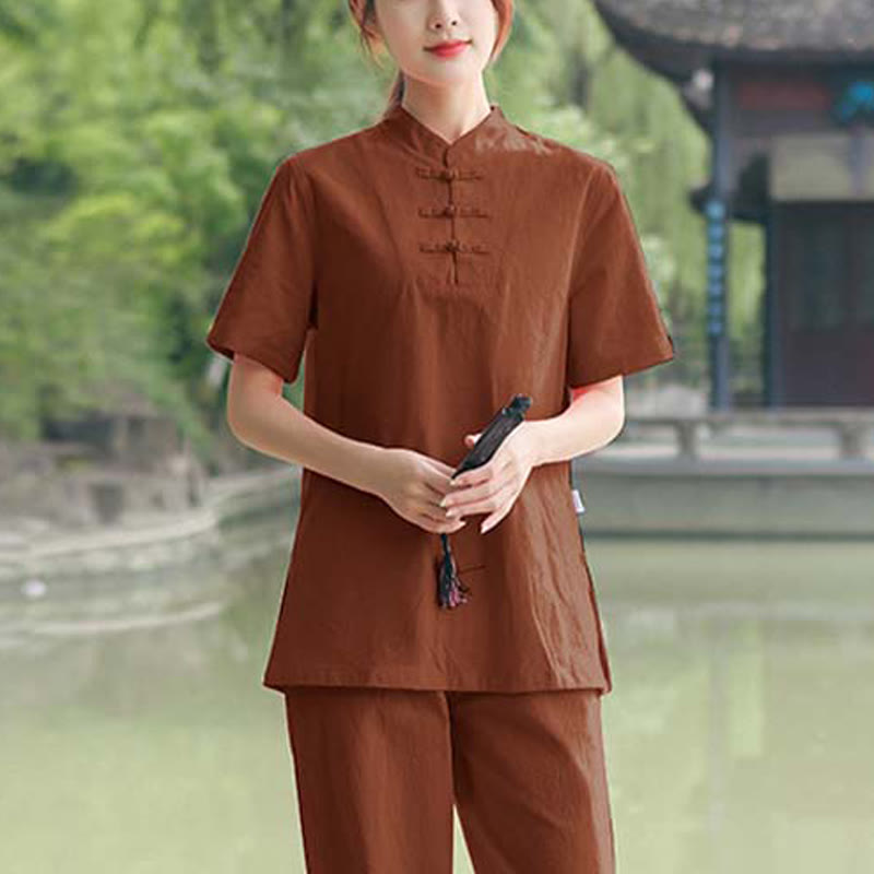Buddha Stones 2Pcs Women's Short Sleeve Shirt Top T-Shirt Pants Meditation Zen Tai Chi Cotton Linen Clothing Set - Brown(Top&Pants) - US18,UK/AU22,EU50 (6XL) - image 11