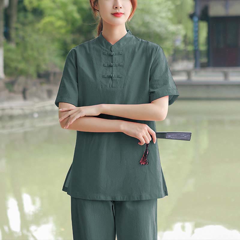 Buddha Stones 2Pcs Women's Short Sleeve Shirt Top T-Shirt Pants Meditation Zen Tai Chi Cotton Linen Clothing Set - Dark Green(Top&Pants) - US18,UK/AU22,EU50 (6XL) - image 13