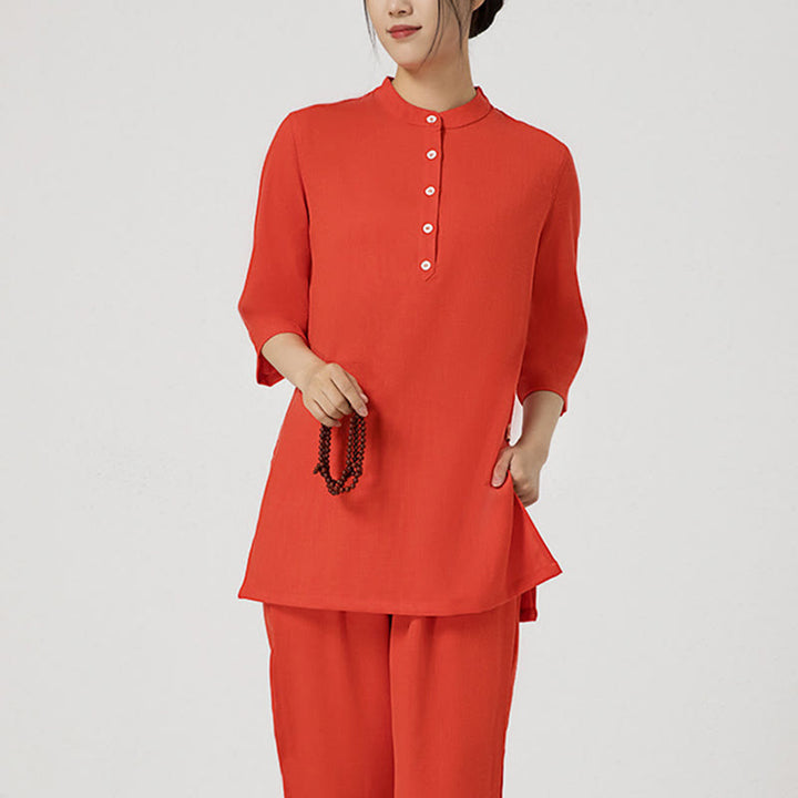 Buddha Stones 2Pcs Solid Color Three Quarter Shirt Top Pants Meditation Zen Tai Chi Cotton Linen Clothing Women's Set - Red(Top&Pants) - US12,UK/AU16,EU44 (2XL) - image 14