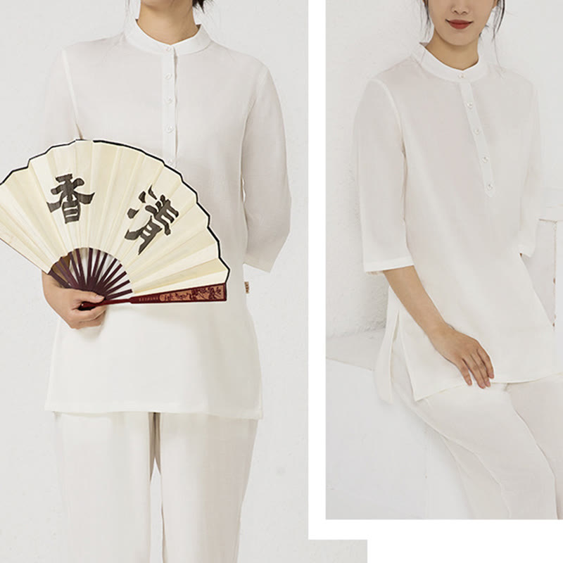 Buddha Stones 2Pcs Solid Color Three Quarter Shirt Top Pants Meditation Zen Tai Chi Cotton Linen Clothing Women's Set - image 11