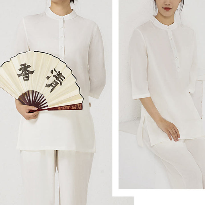 Buddha Stones 2Pcs Solid Color Three Quarter Shirt Top Pants Meditation Zen Tai Chi Cotton Linen Clothing Women's Set - image 11