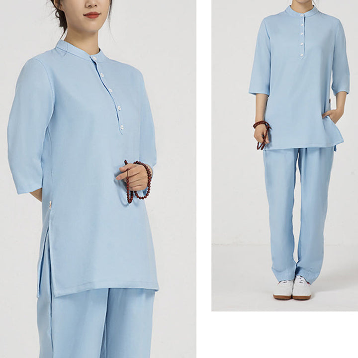 Buddha Stones 2Pcs Solid Color Three Quarter Shirt Top Pants Meditation Zen Tai Chi Cotton Linen Clothing Women's Set - image 19