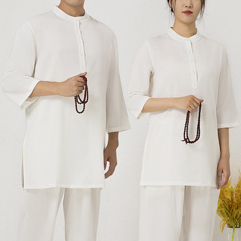 Buddha Stones 2Pcs Solid Color Three Quarter Shirt Top Pants Meditation Zen Tai Chi Cotton Linen Clothing Women's Set - image 9