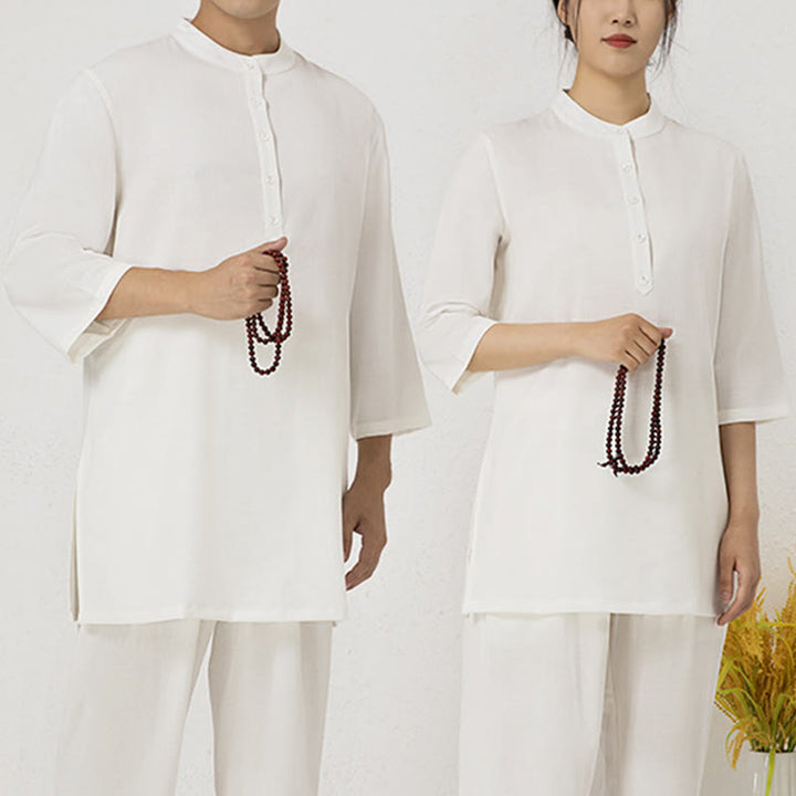 Buddha Stones 2Pcs Solid Color Three Quarter Shirt Top Pants Meditation Zen Tai Chi Cotton Linen Clothing Women's Set - image 9