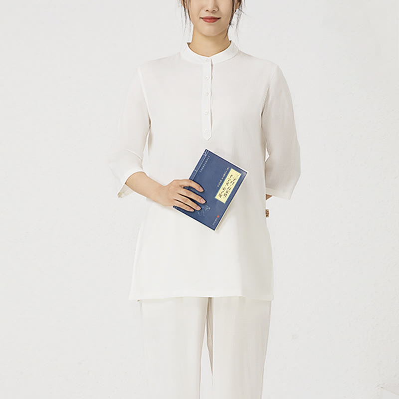 Buddha Stones 2Pcs Solid Color Three Quarter Shirt Top Pants Meditation Zen Tai Chi Cotton Linen Clothing Women's Set - image 8