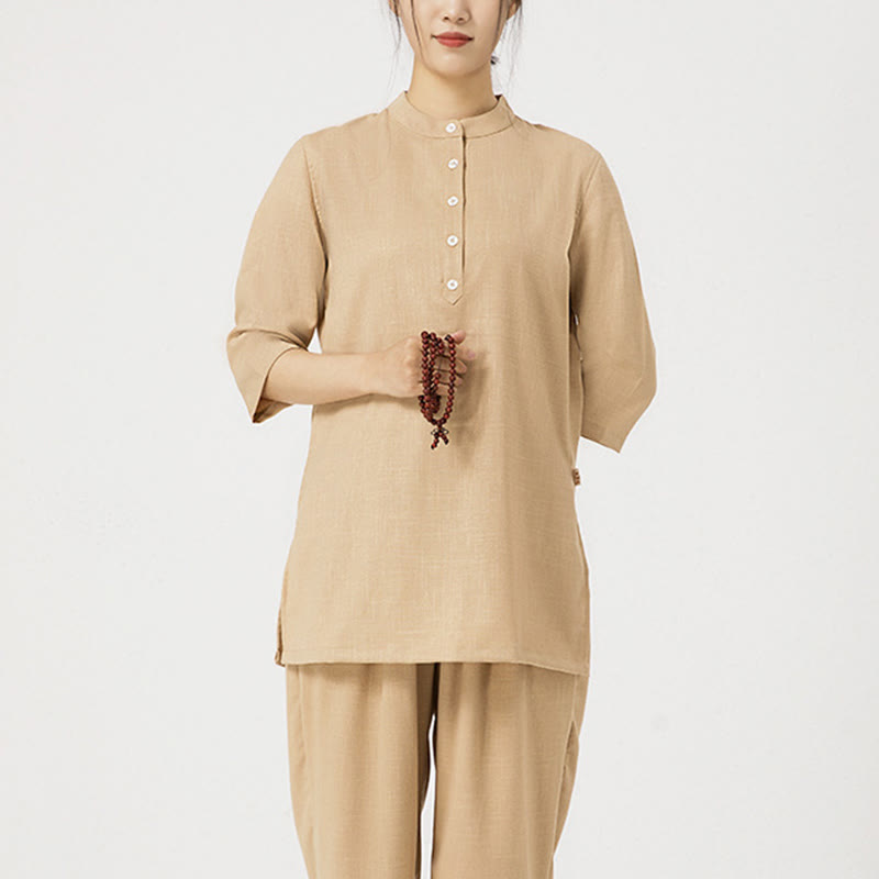 Buddha Stones 2Pcs Solid Color Three Quarter Shirt Top Pants Meditation Zen Tai Chi Cotton Linen Clothing Women's Set - image 21