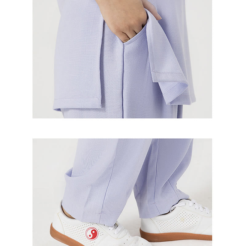 Buddha Stones 2Pcs Solid Color Three Quarter Shirt Top Pants Meditation Zen Tai Chi Cotton Linen Clothing Women's Set - image 3