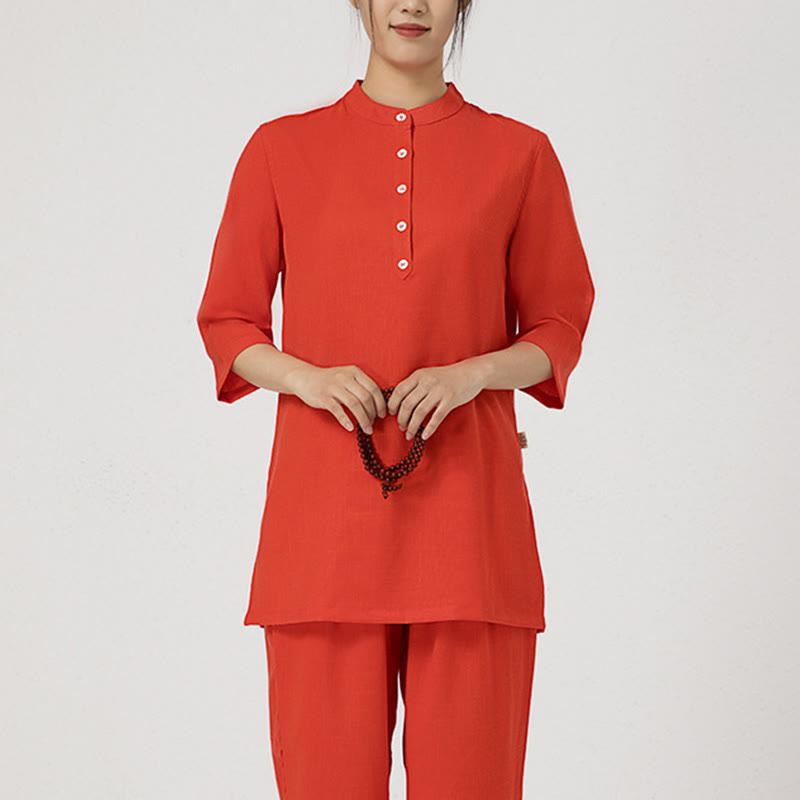 Buddha Stones 2Pcs Solid Color Three Quarter Shirt Top Pants Meditation Zen Tai Chi Cotton Linen Clothing Women's Set - image 16