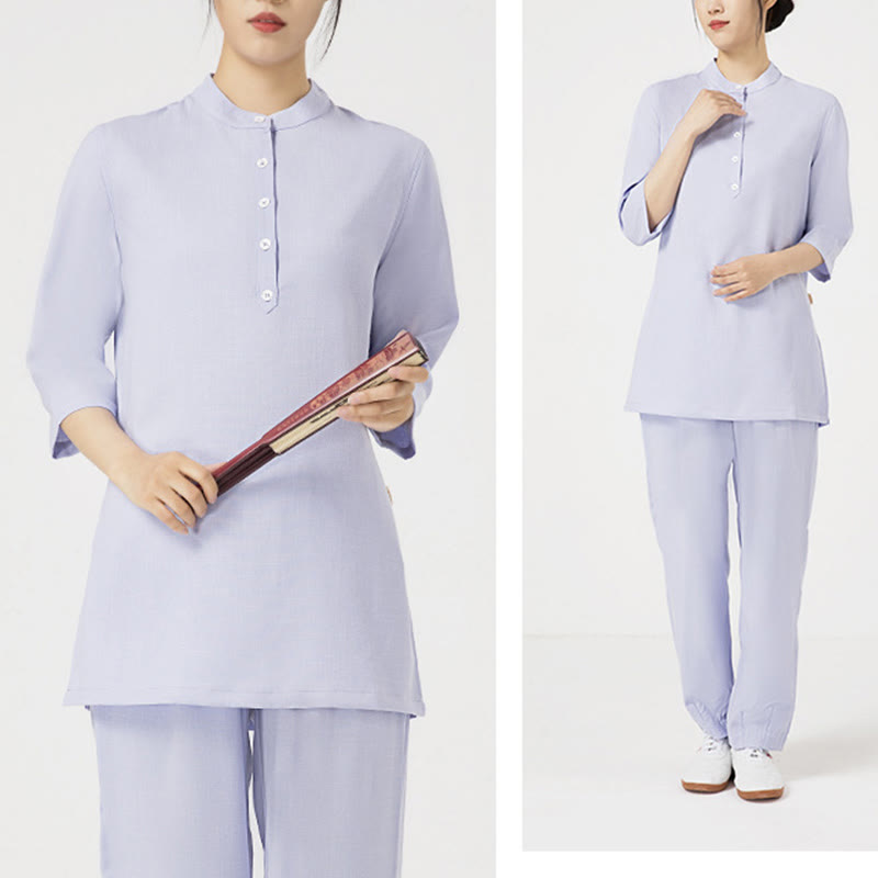 Buddha Stones 2Pcs Solid Color Three Quarter Shirt Top Pants Meditation Zen Tai Chi Cotton Linen Clothing Women's Set - image 1
