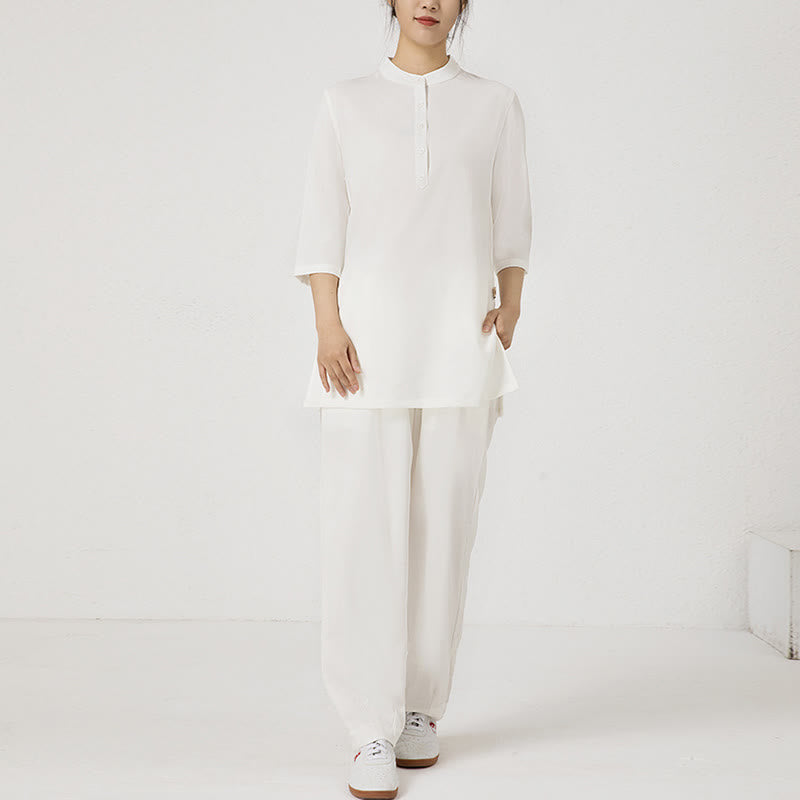 Buddha Stones 2Pcs Solid Color Three Quarter Shirt Top Pants Meditation Zen Tai Chi Cotton Linen Clothing Women's Set - image 10