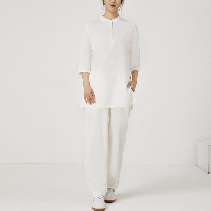 Buddha Stones 2Pcs Solid Color Three Quarter Shirt Top Pants Meditation Zen Tai Chi Cotton Linen Clothing Women's Set - image 10