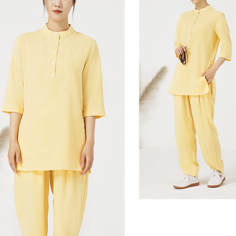 Buddha Stones 2Pcs Solid Color Three Quarter Shirt Top Pants Meditation Zen Tai Chi Cotton Linen Clothing Women's Set - image 13