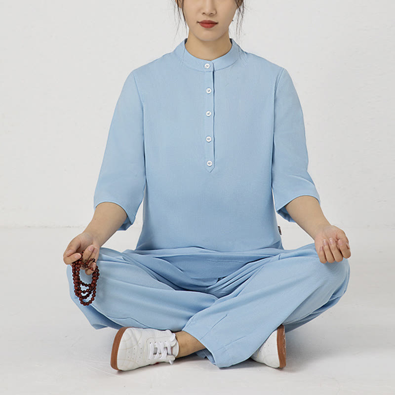 Buddha Stones 2Pcs Solid Color Three Quarter Shirt Top Pants Meditation Zen Tai Chi Cotton Linen Clothing Women's Set - image 18