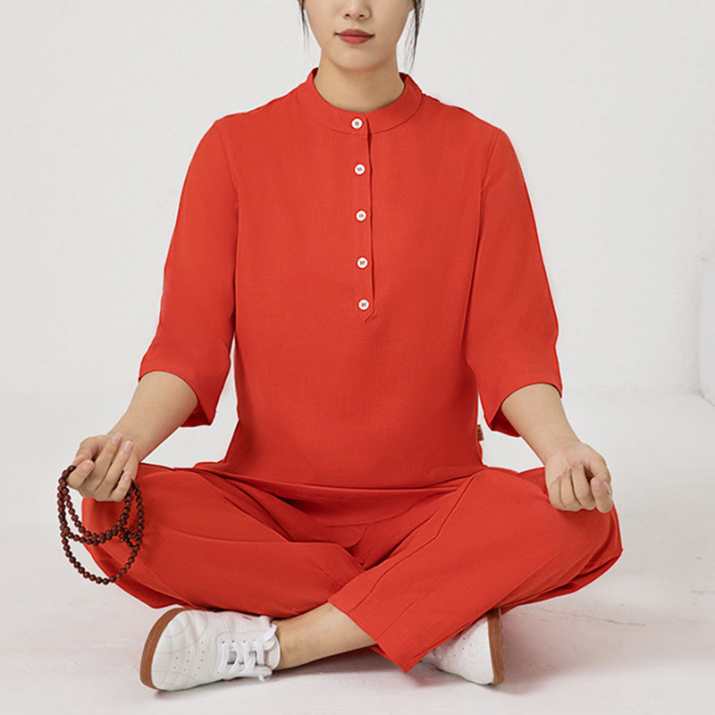 Buddha Stones 2Pcs Solid Color Three Quarter Shirt Top Pants Meditation Zen Tai Chi Cotton Linen Clothing Women's Set - image 15