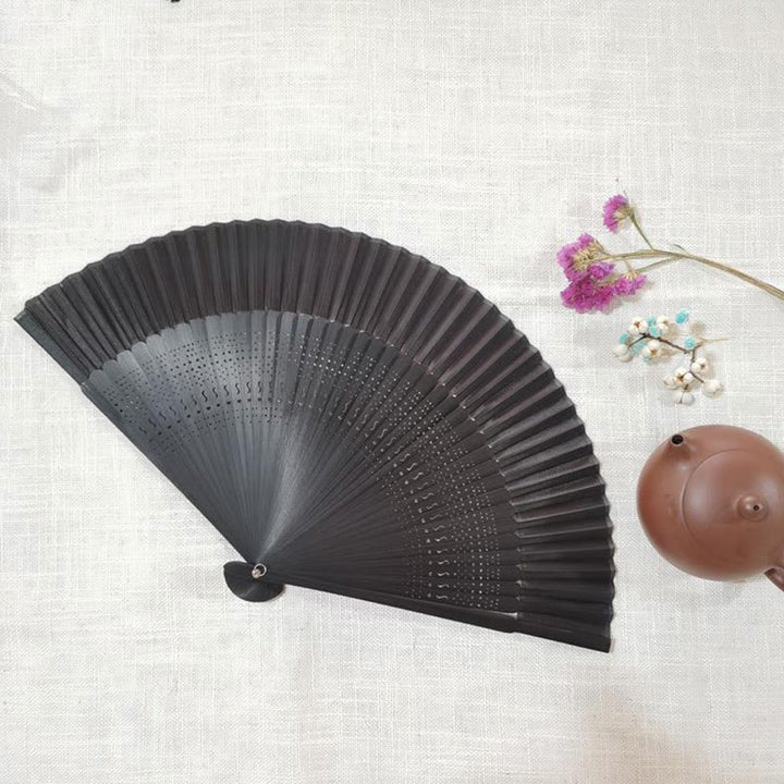Buddha Stones Simple Hollow Engraved Handheld Bamboo Folding Fan - Black 22cm - image 4