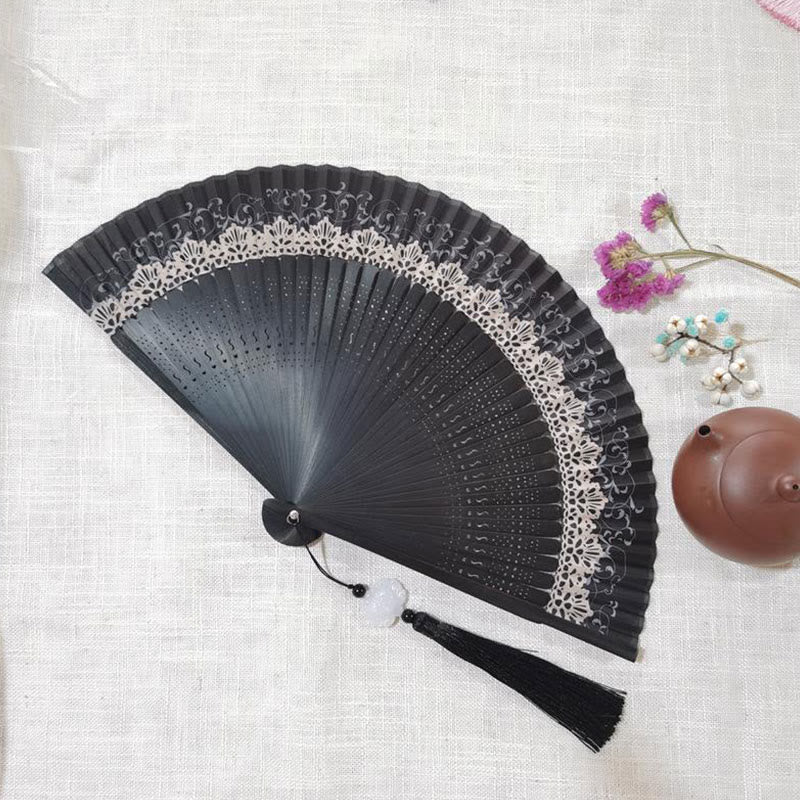 Buddha Stones Simple Hollow Engraved Handheld Bamboo Folding Fan - Black White 22cm - image 7