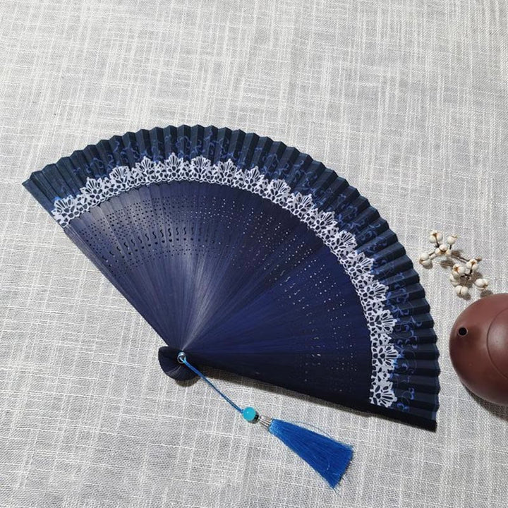 Buddha Stones Simple Hollow Engraved Handheld Bamboo Folding Fan - Blue 22cm - image 9