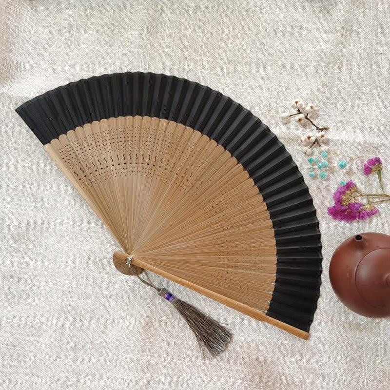 Buddha Stones Simple Hollow Engraved Handheld Bamboo Folding Fan - Brown Black 22cm - image 12