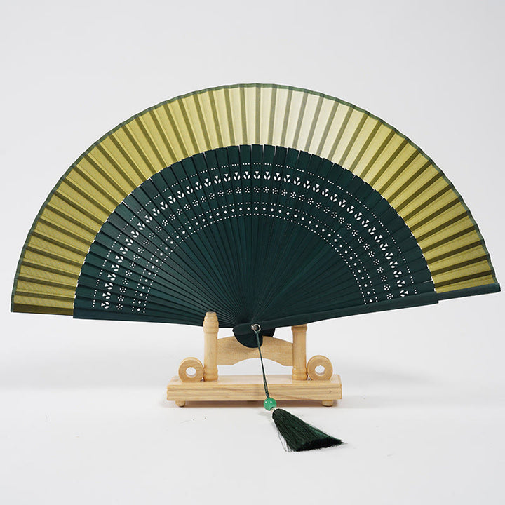Buddha Stones Gradient Color Hollow Engraved Handheld Bamboo Folding Fan - Gradient Green 20cm - image 1