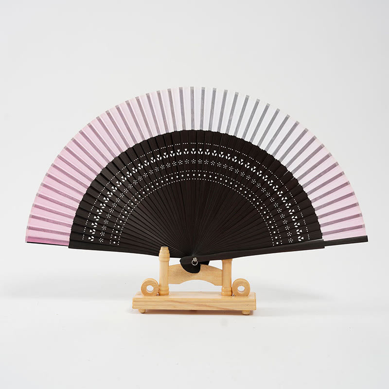 Buddha Stones Gradient Color Hollow Engraved Handheld Bamboo Folding Fan - Gradient Pink 20cm - image 13