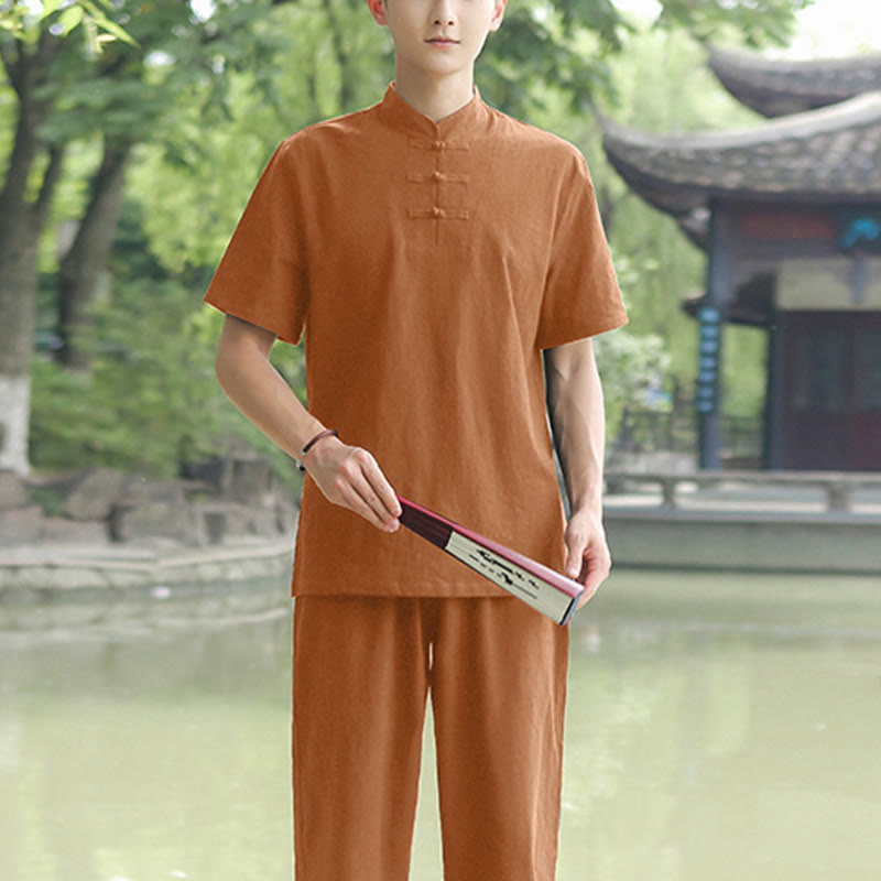 Buddha Stones 2Pcs Men's Short Sleeve Shirt Top T-Shirt Pants Meditation Zen Tai Chi Cotton Linen Clothing Set - Sandybrown(Top&Pants) - US/UK/AU48,EU58 (6XL) - image 3