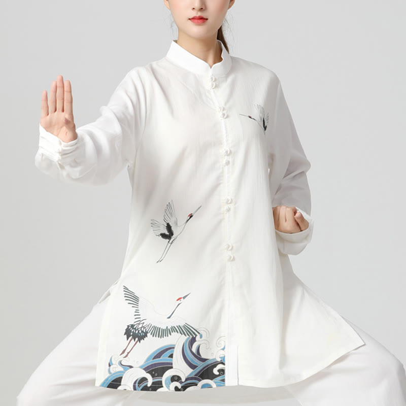 Buddha Stones White Crane Sea Cotton Linen Meditation Prayer Spiritual Zen Tai Chi Qigong Practice Clothing Set - 2Pcs(Top&Pants) - US8-10,UK/AU12-14,EU40-42 (2XL) - image 0