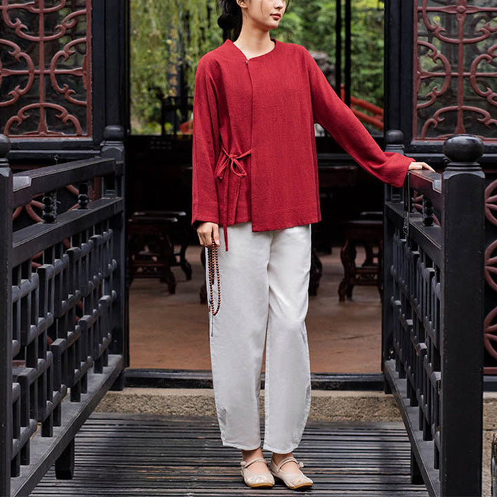 Buddha Stones Long Sleeve Jacket Shirt Top Wide Leg Pants Zen Tai Chi Yoga Meditation Clothing - Red Top&White Pants - US8-10,UK/AU12-14,EU40-42 (XL) - image 19