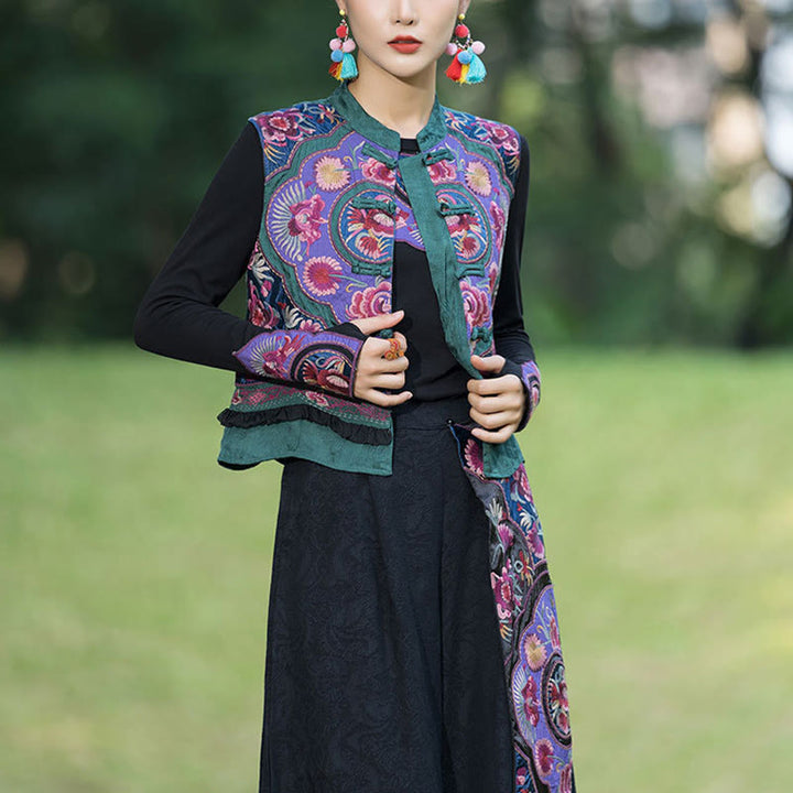 Buddha Stones Frog-Button Embroidery Flowers Cotton Linen Tang Suit Design Sleeveless Vest - image 2