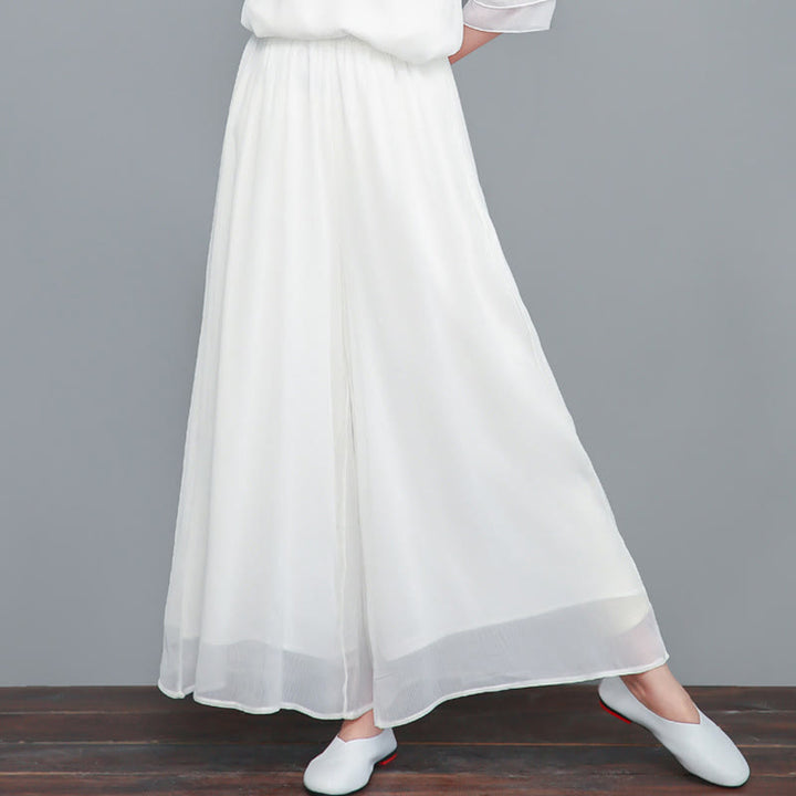 Buddha Stones Embroidery Chiffon Cheongsam Midi Dress Wide Leg Pants Meditation Zen Practice Clothing - White Pants Only - US8-10,UK/AU12-14,EU40-42 (2XL) - image 16