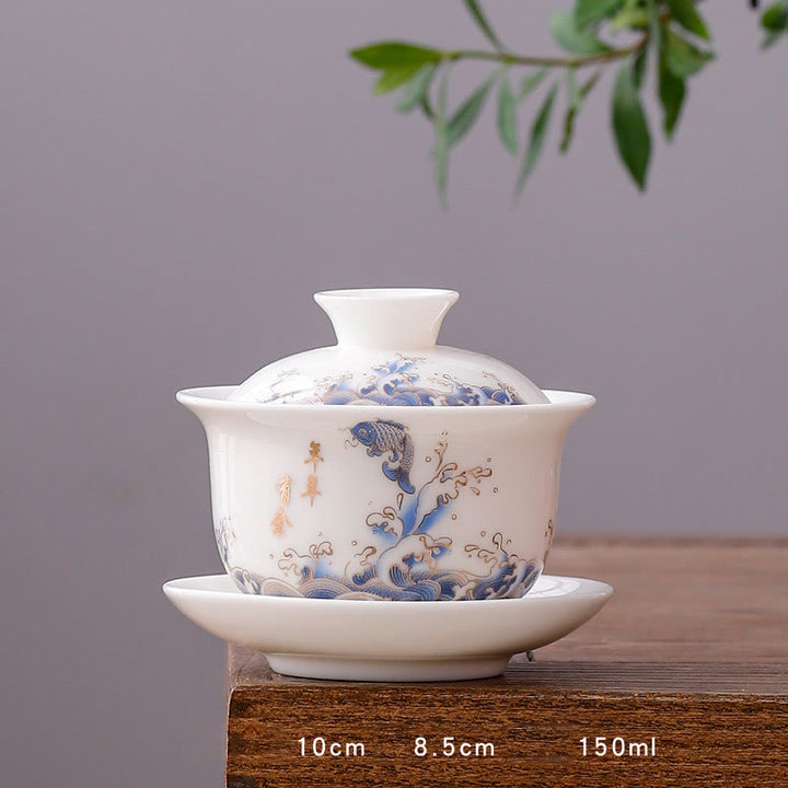 Buddha Stones White Porcelain Mountain Landscape Countryside Ceramic Gaiwan Teacup Kung Fu Tea Cup And Saucer With Lid - Round Cup-Koi Fish(8.5cm*10cm*150ml) - image 15