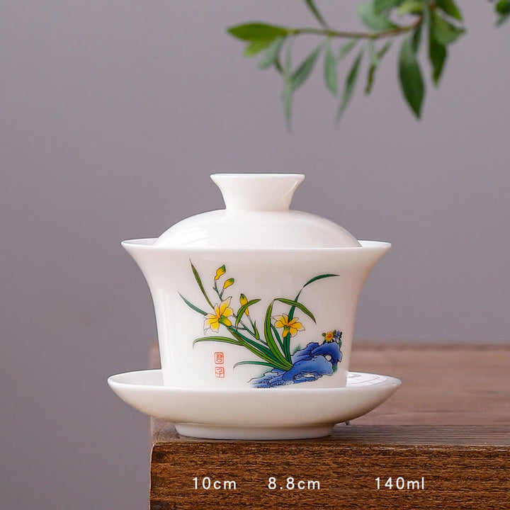 Buddha Stones White Porcelain Mountain Landscape Countryside Ceramic Gaiwan Teacup Kung Fu Tea Cup And Saucer With Lid - Long Cup-Clivia(8.8cm*10cm*140ml) - image 21