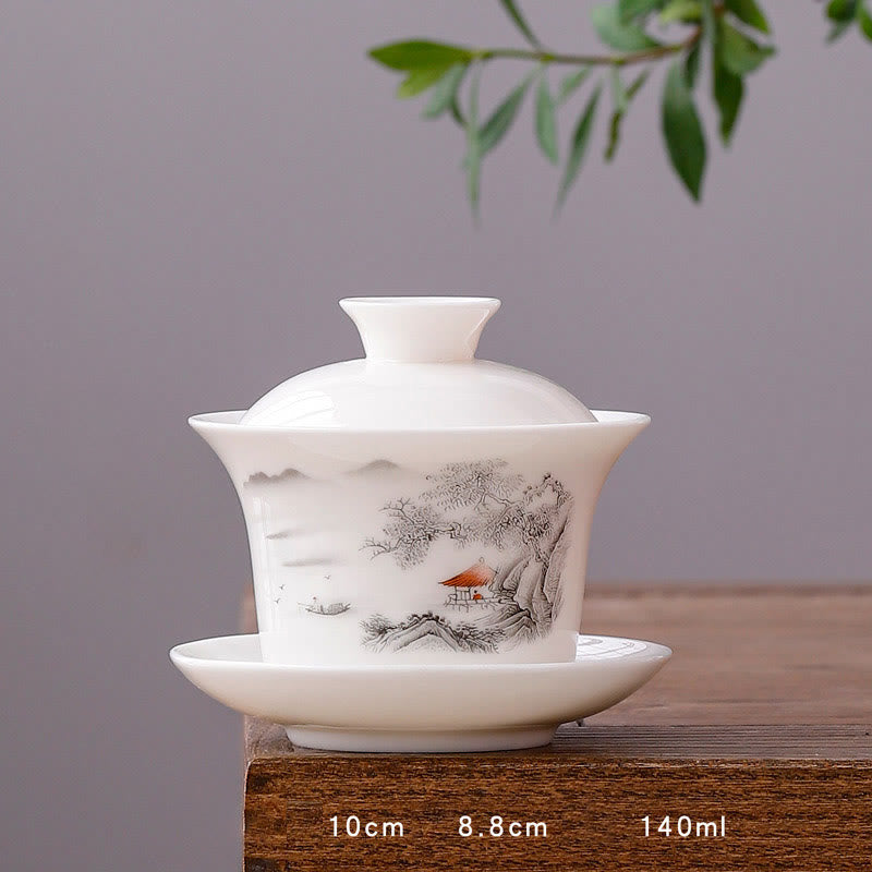Buddha Stones White Porcelain Mountain Landscape Countryside Ceramic Gaiwan Teacup Kung Fu Tea Cup And Saucer With Lid - Long Cup-Pavilion and Pine(8.8cm*10cm*140ml) - image 23