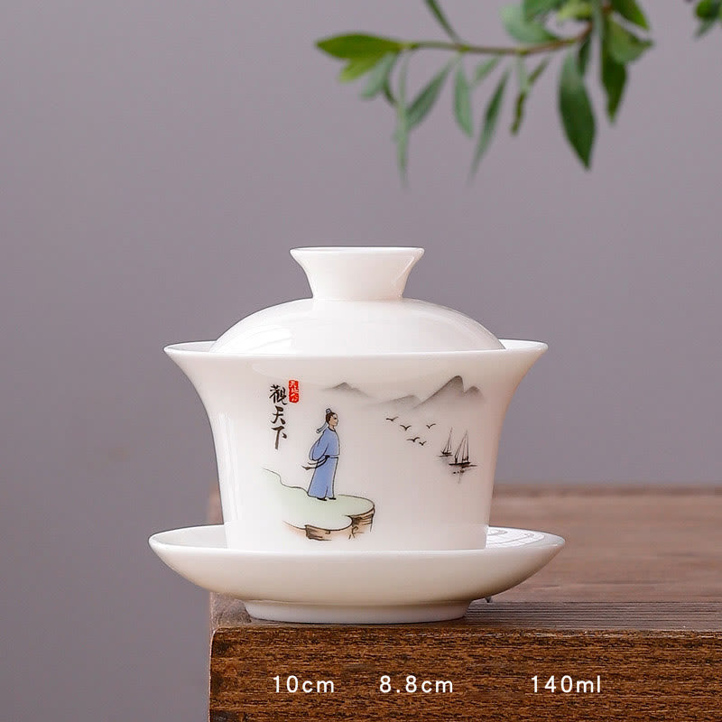 Buddha Stones White Porcelain Mountain Landscape Countryside Ceramic Gaiwan Teacup Kung Fu Tea Cup And Saucer With Lid - Long Cup-Poet(8.8cm*10cm*140ml) - image 22