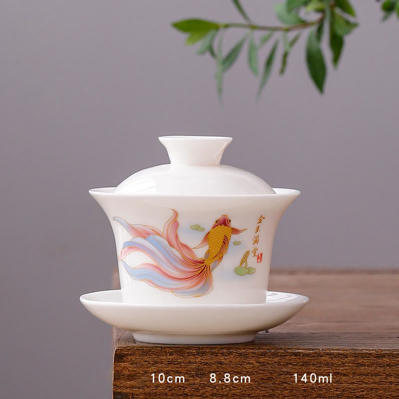 Buddha Stones White Porcelain Mountain Landscape Countryside Ceramic Gaiwan Teacup Kung Fu Tea Cup And Saucer With Lid - Long Cup-Koi Fish(8.8cm*10cm*140ml) - image 25