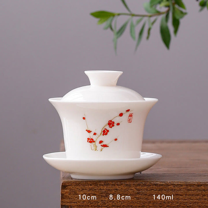 Buddha Stones White Porcelain Mountain Landscape Countryside Ceramic Gaiwan Teacup Kung Fu Tea Cup And Saucer With Lid - Long Cup-Plum Blossom(8.8cm*10cm*140ml) - image 26