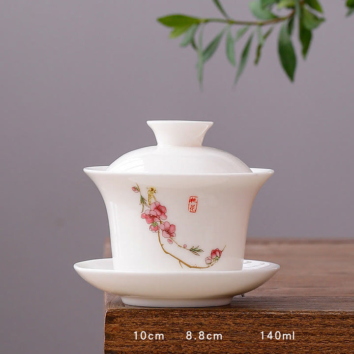 Buddha Stones White Porcelain Mountain Landscape Countryside Ceramic Gaiwan Teacup Kung Fu Tea Cup And Saucer With Lid - Long Cup-Peach Blossom(8.8cm*10cm*140ml) - image 27