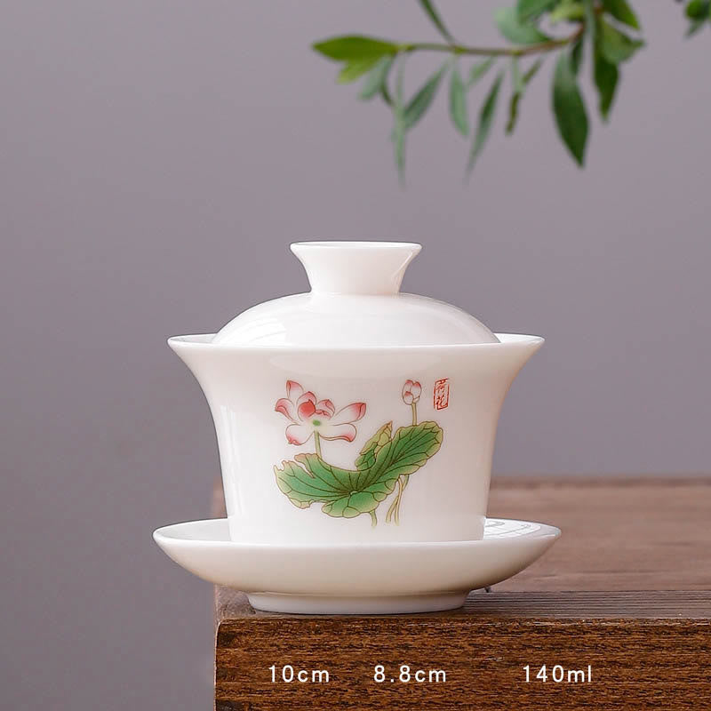 Buddha Stones White Porcelain Mountain Landscape Countryside Ceramic Gaiwan Teacup Kung Fu Tea Cup And Saucer With Lid - Long Cup-Lotus(8.8cm*10cm*140ml) - image 31