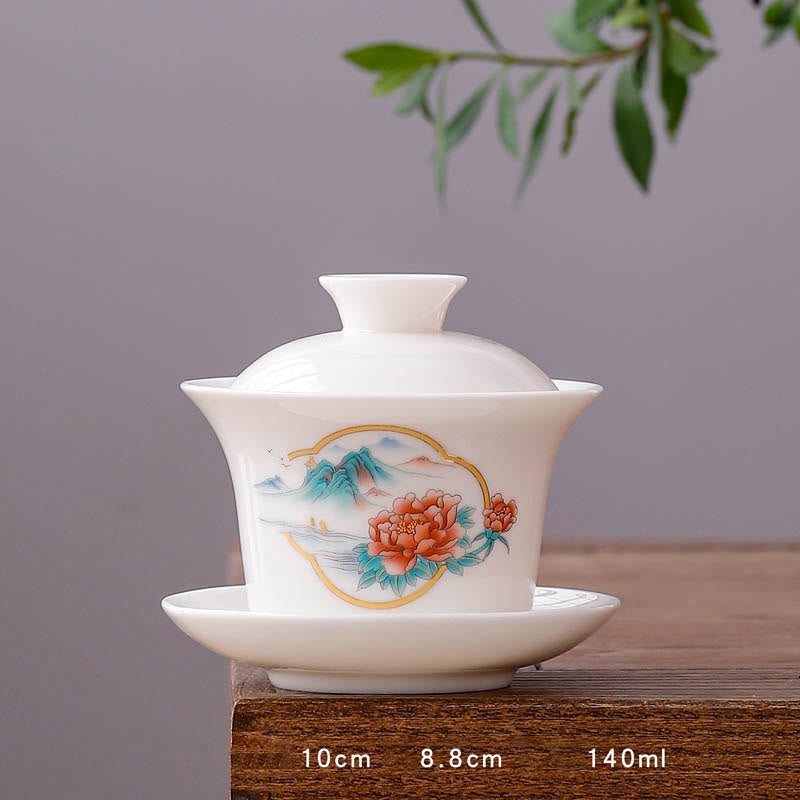 Buddha Stones White Porcelain Mountain Landscape Countryside Ceramic Gaiwan Teacup Kung Fu Tea Cup And Saucer With Lid - Long Cup-Window Vew(8.8cm*10cm*140ml) - image 30