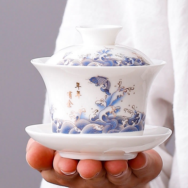 Buddha Stones White Porcelain Mountain Landscape Countryside Ceramic Gaiwan Teacup Kung Fu Tea Cup And Saucer With Lid - image 8