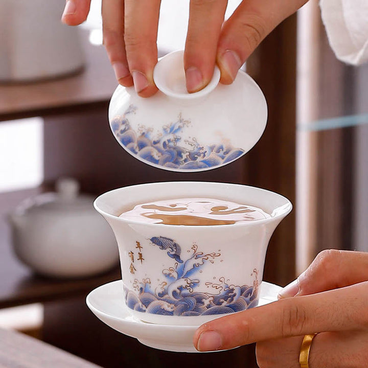 Buddha Stones White Porcelain Mountain Landscape Countryside Ceramic Gaiwan Teacup Kung Fu Tea Cup And Saucer With Lid - image 6