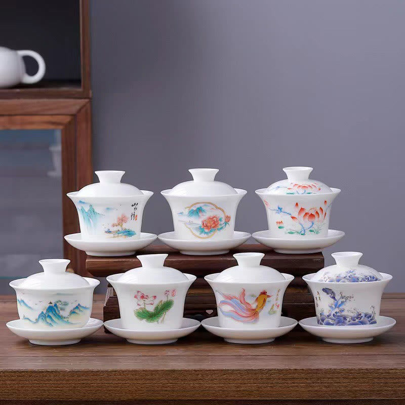 Buddha Stones White Porcelain Mountain Landscape Countryside Ceramic Gaiwan Teacup Kung Fu Tea Cup And Saucer With Lid - image 3