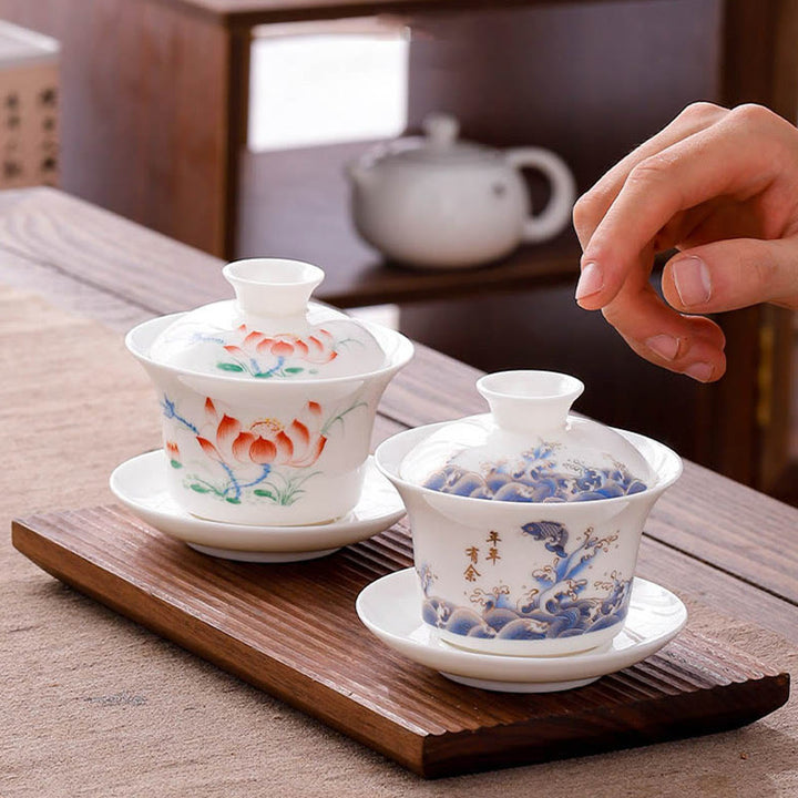 Buddha Stones White Porcelain Mountain Landscape Countryside Ceramic Gaiwan Teacup Kung Fu Tea Cup And Saucer With Lid - image 33