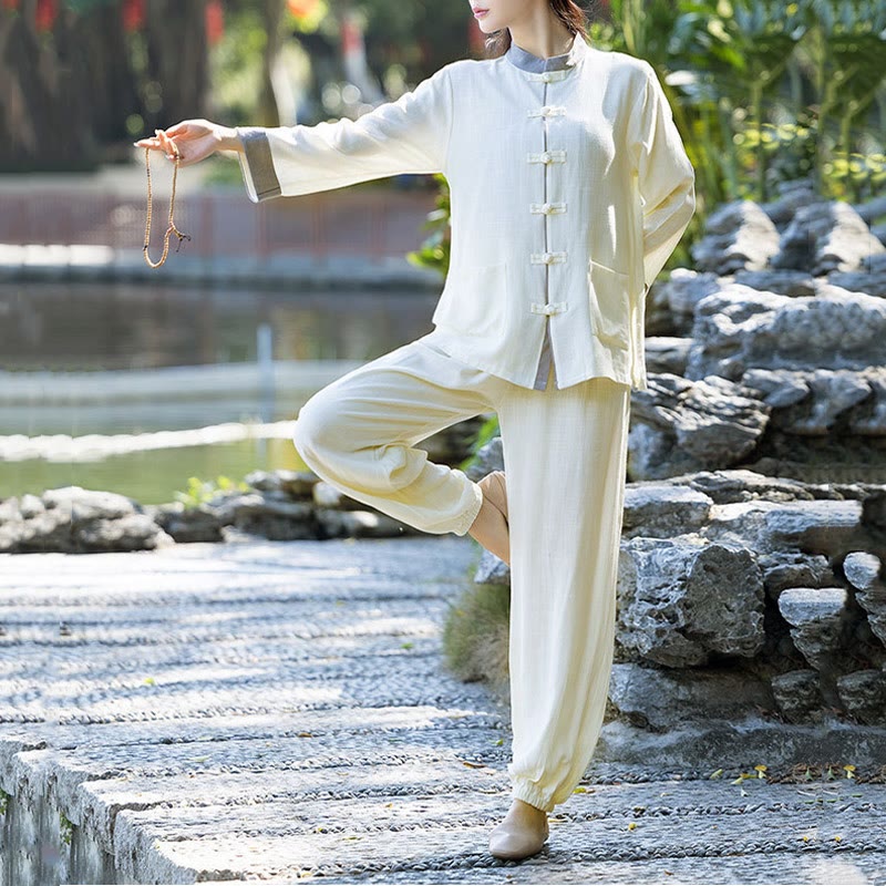 Buddha Stones 2Pcs Frog-Button Long Sleeve Shirt Top Pants Meditation Zen Tai Chi Cotton Linen Clothing Women's Set - Beige(Top&Pants) - US8-10,UK/AU12-14,EU40-42 (2XL) - image 0