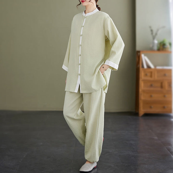 Buddha Stones 2Pcs Vintage Long Sleeve Shirt Top Pants Meditation Zen Tai Chi Cotton Linen Clothing Women's Set - image 15