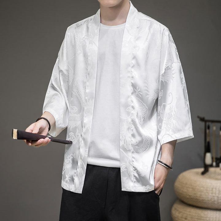 Buddha Stones Chinese Dragon Open Front Jacket Men's Kimono - White(Top Only) - US/UK/AU46,EU56 (5XL)  - image 0