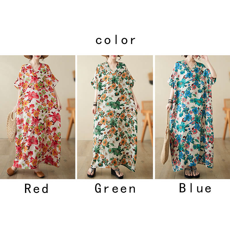Buddha Stones Red Blue Green Flowers Midi Dress Cotton Half Sleeve Dress With Pockets - image 12